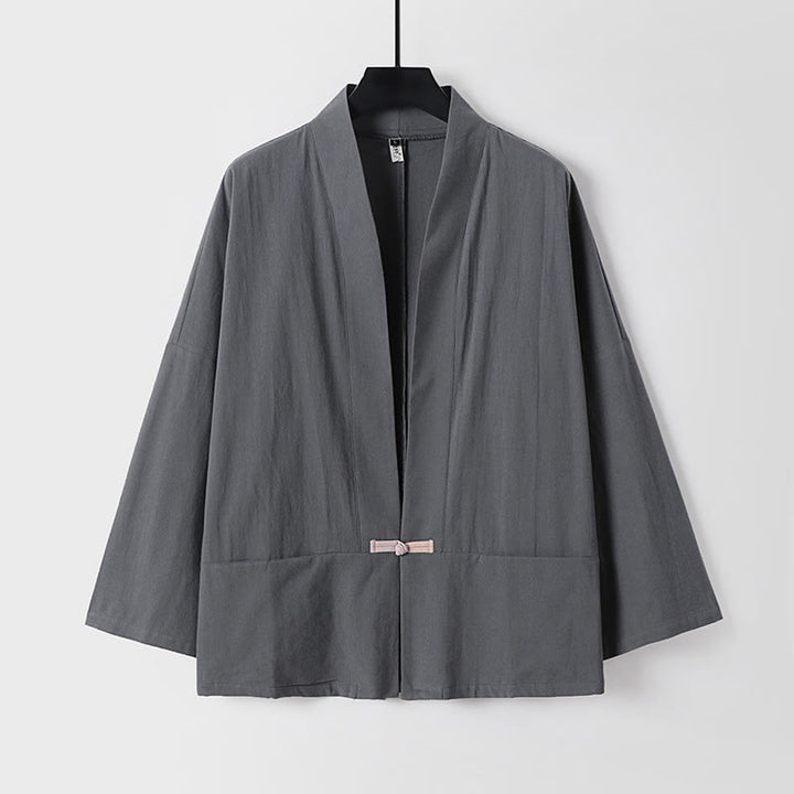 Buddha Stonesの長袖ボタンデザインメンズオープンフロントコットンリネンジャケット着物ポケット付き - ディムグレー - US/UK/AU54、 EU64 (9XL) - image 0