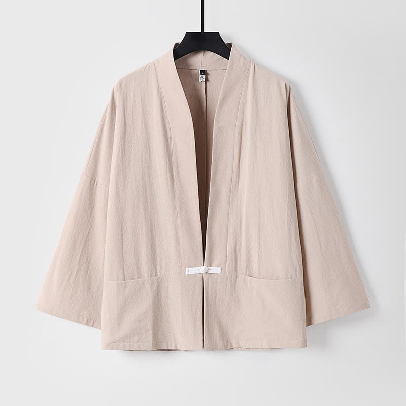 Buddha Stonesの長袖ボタンデザインメンズオープンフロントコットンリネンジャケット着物ポケット付き - ブランチドアーモンド - US/UK/AU54、 EU64 (9XL) - image 3