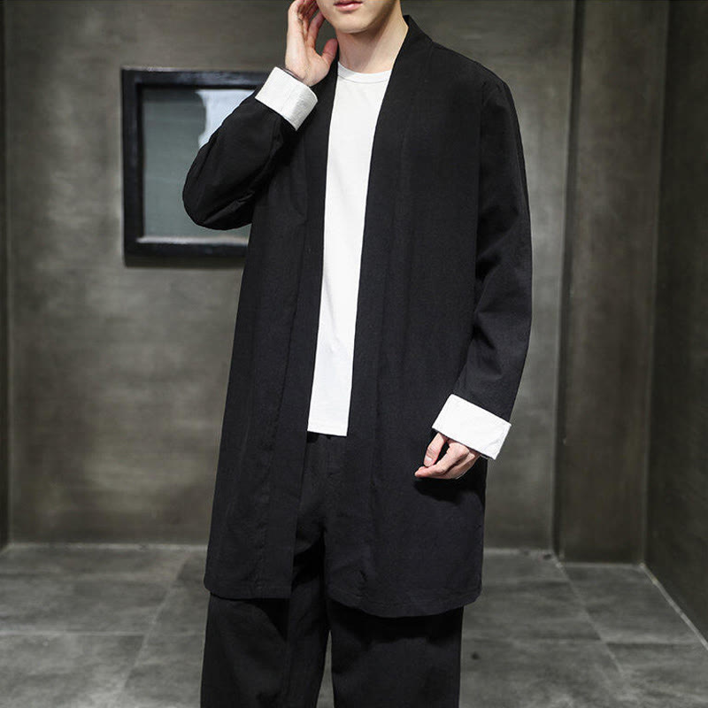 Buddha Stones春 長袖 オープンフロント メンズ コットンリネン 禅ジャケット 着物 - 黒 - US/UK/AU46、 EU56 (5XL) - image 9