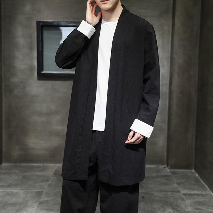 Buddha Stones春 長袖 オープンフロント メンズ コットンリネン 禅ジャケット 着物 - 黒 - US/UK/AU46、 EU56 (5XL) - image 9