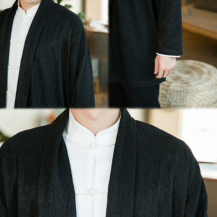 Buddha Stones春の純色オープンフロントコットンリネンメンズ長袖ジャケット着物 - image 9