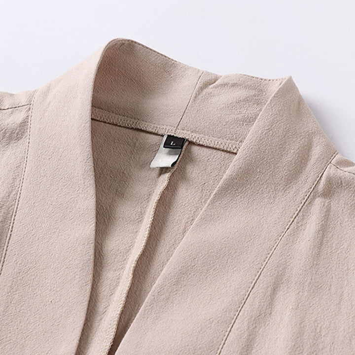 Buddha Stonesの長袖ボタンデザインメンズオープンフロントコットンリネンジャケット着物ポケット付き - image 5