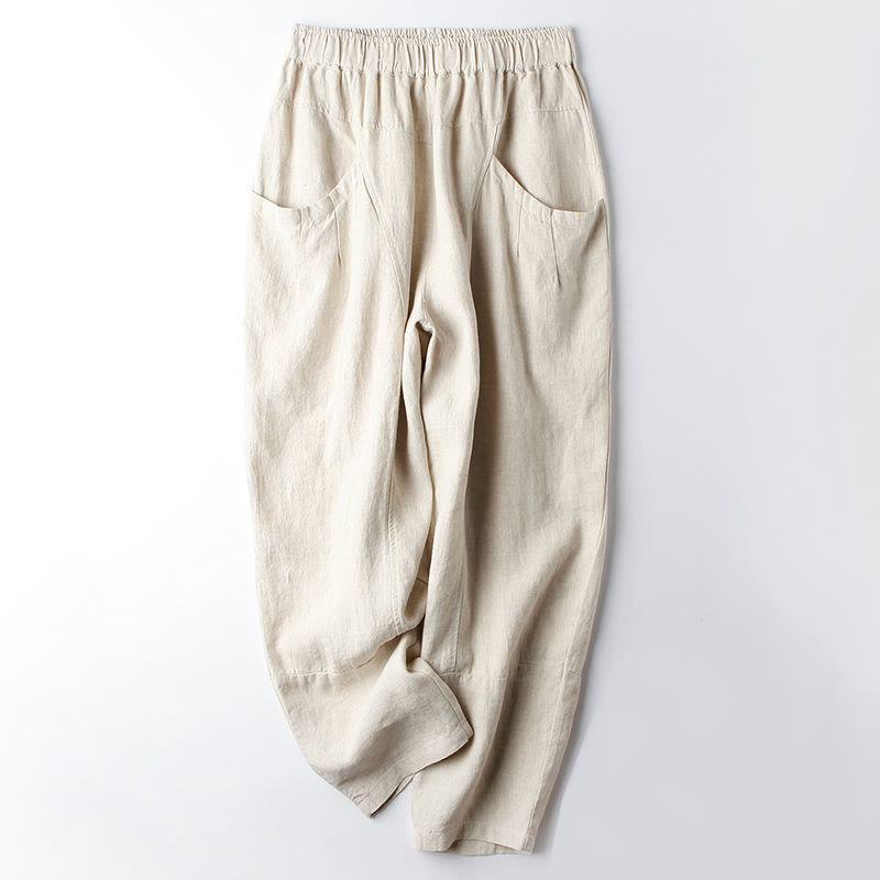 Buddha Stonesカジュアル ハイウエストデザイン レディース ハーレム コットン 7-8丈 パンツ ポケット付き - ベージュ - US8-10，UK/AU12-14，EU40-42 (2XL) - image 1