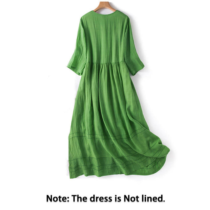 Buddha Stonesサマー Vネックデザイン ハーフスリーブ コットン ミディドレス - image 1