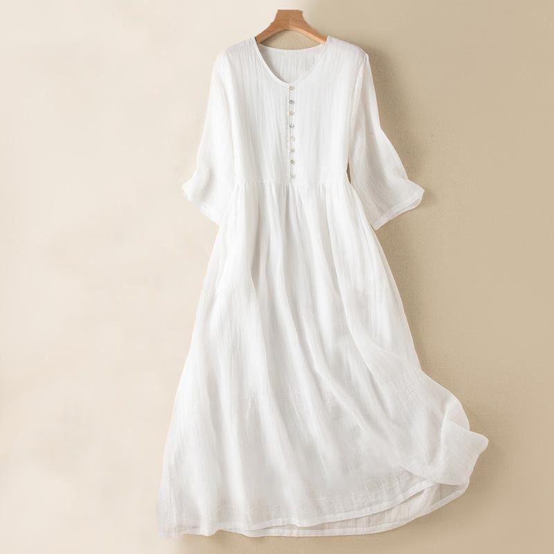Buddha Stonesサマー Vネックデザイン ハーフスリーブ コットン ミディドレス - 白 - US14、 UK/AU18、 EU46 (2XL) - image 16