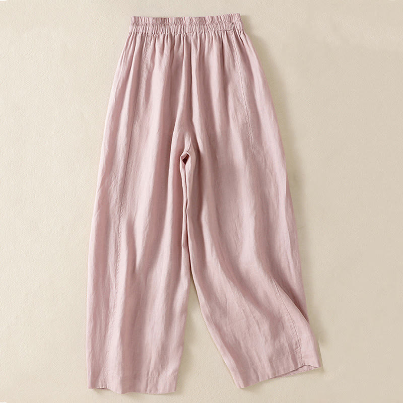 Buddha Stones通勤用 無地デザイン ドローストリング コットンリネン レディース ワイドレッグパンツ ポケット付き - image 21