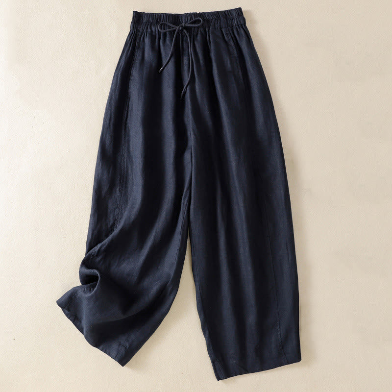Buddha Stones通勤用 無地デザイン ドローストリング コットンリネン レディース ワイドレッグパンツ ポケット付き - ミッドナイトブルー - US8-10，UK/AU12-14，EU40-42 (2XL) - image 14