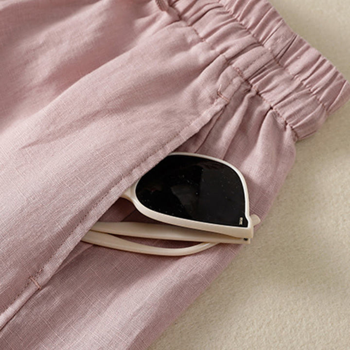 Buddha Stones通勤用 無地デザイン ドローストリング コットンリネン レディース ワイドレッグパンツ ポケット付き - image 24