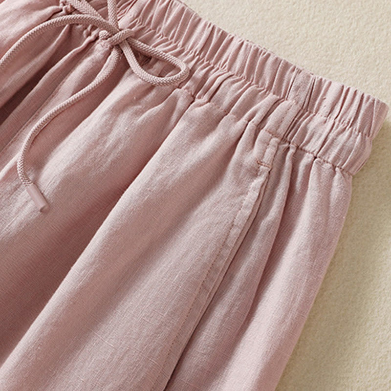 Buddha Stones通勤用 無地デザイン ドローストリング コットンリネン レディース ワイドレッグパンツ ポケット付き - image 22