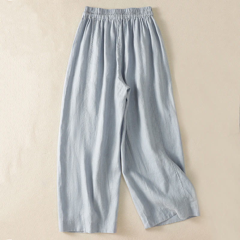 Buddha Stones通勤用 無地デザイン ドローストリング コットンリネン レディース ワイドレッグパンツ ポケット付き - image 2