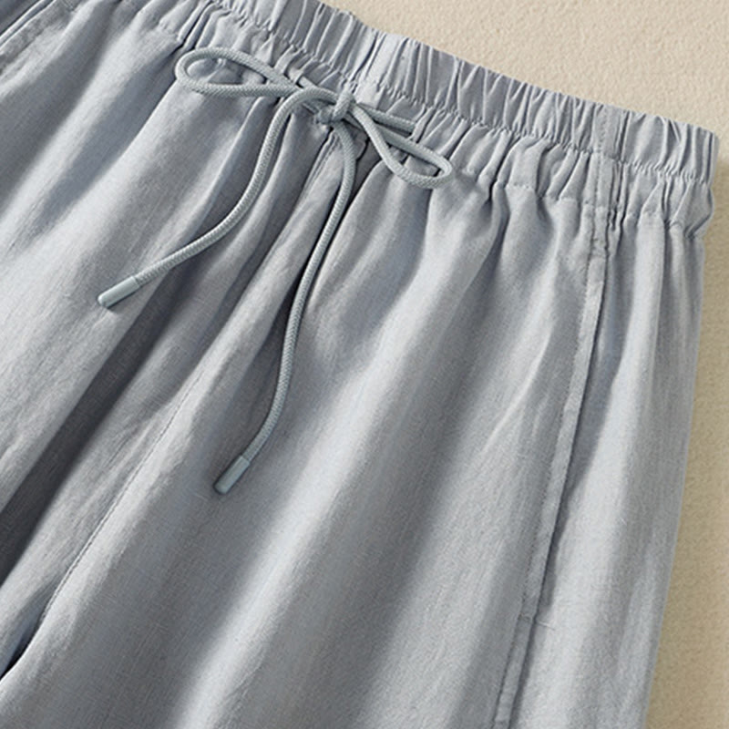 Buddha Stones通勤用 無地デザイン ドローストリング コットンリネン レディース ワイドレッグパンツ ポケット付き - image 3