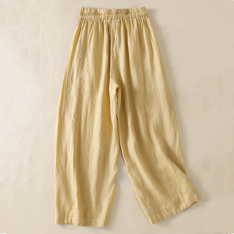 Buddha Stones通勤用 無地デザイン ドローストリング コットンリネン レディース ワイドレッグパンツ ポケット付き - image 9