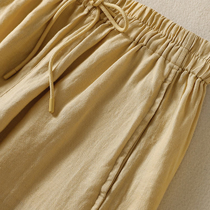 Buddha Stones通勤用 無地デザイン ドローストリング コットンリネン レディース ワイドレッグパンツ ポケット付き - image 10