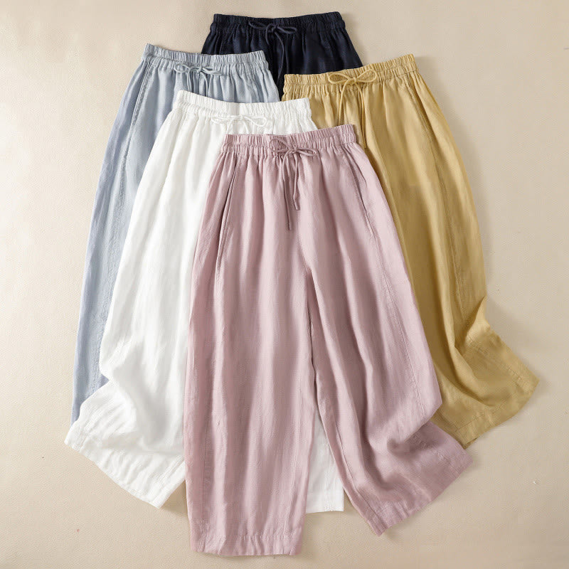Buddha Stones通勤用 無地デザイン ドローストリング コットンリネン レディース ワイドレッグパンツ ポケット付き - image 35