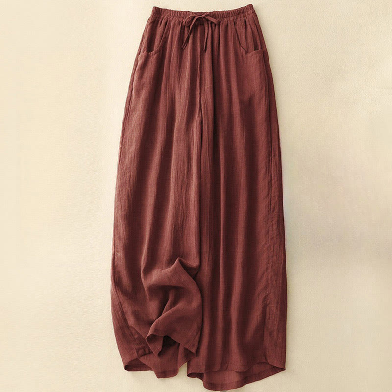 Buddha Stones春の純色ドローストリングダブルレイヤーレディースワイドレッグパンツ（ポケット付き） - ファイアブリック - US8-10，UK/AU12-14，EU40-42 (2XL) - image 1