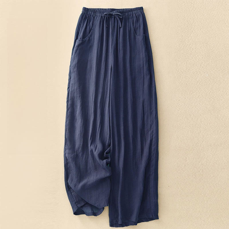Buddha Stones春の純色ドローストリングダブルレイヤーレディースワイドレッグパンツ（ポケット付き） - 海軍 - US8-10，UK/AU12-14，EU40-42 (2XL) - image 12