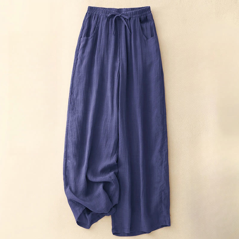 Buddha Stones春の純色ドローストリングダブルレイヤーレディースワイドレッグパンツ（ポケット付き） - インジゴ - US8-10，UK/AU12-14，EU40-42 (2XL) - image 15