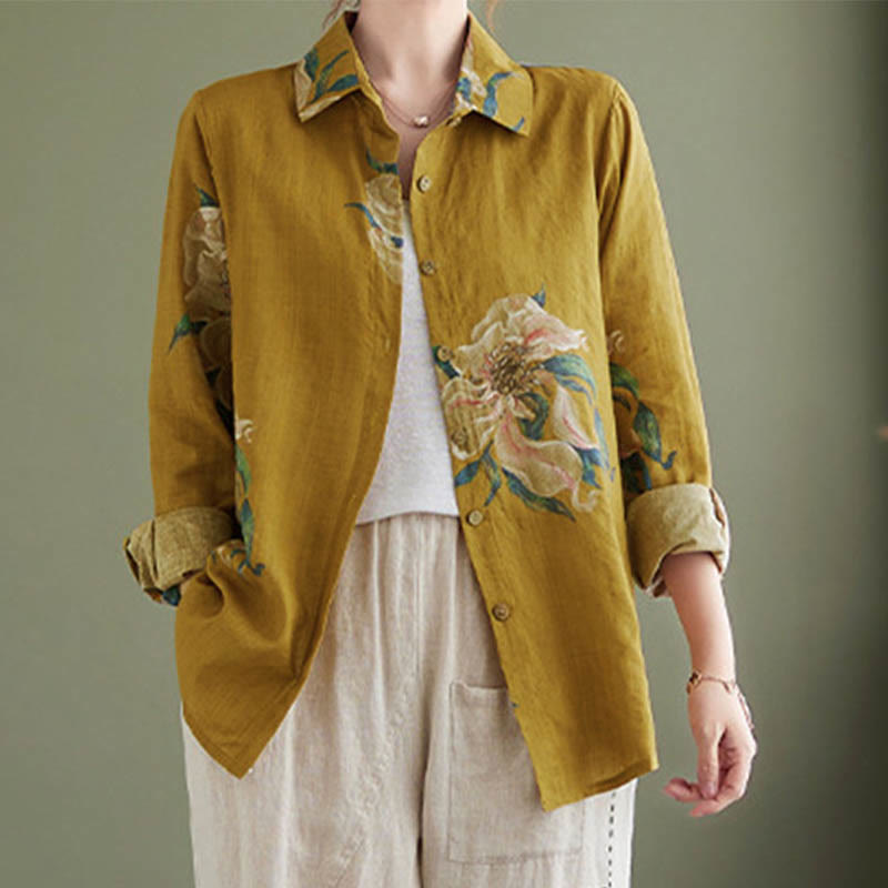 Buddha Stones文学芸術花柄コットン服 - ダークゴールデンロッド - US8-10，UK/AU12-14，EU40-42 (2XL) - image 1