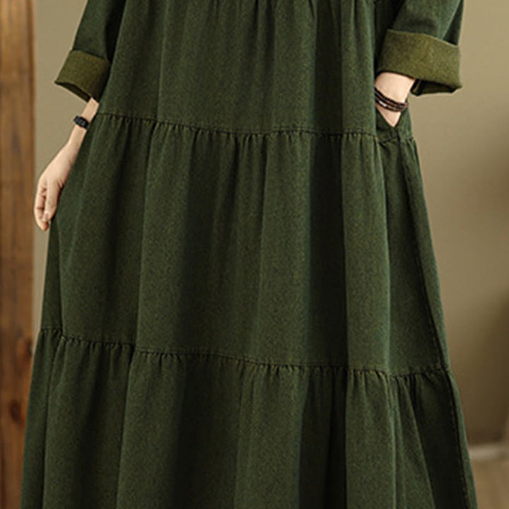 Buddha Stones DarkOliveGreen パッチワーク 長袖デザイン コットン レディース マキシドレス ポケット付き - image 8