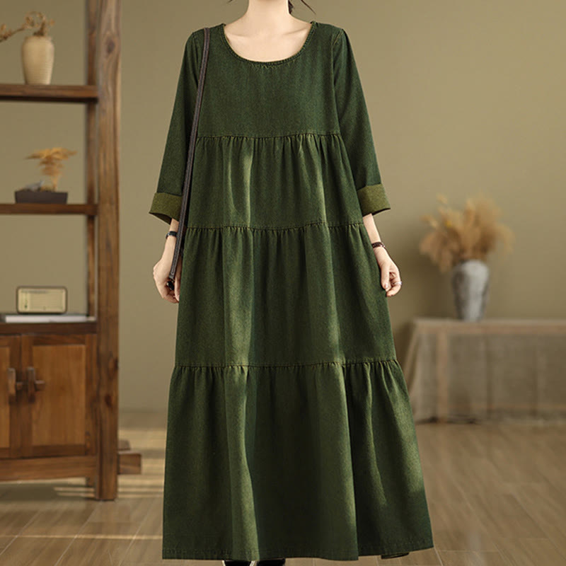 Buddha Stones DarkOliveGreen パッチワーク 長袖デザイン コットン レディース マキシドレス ポケット付き - image 5