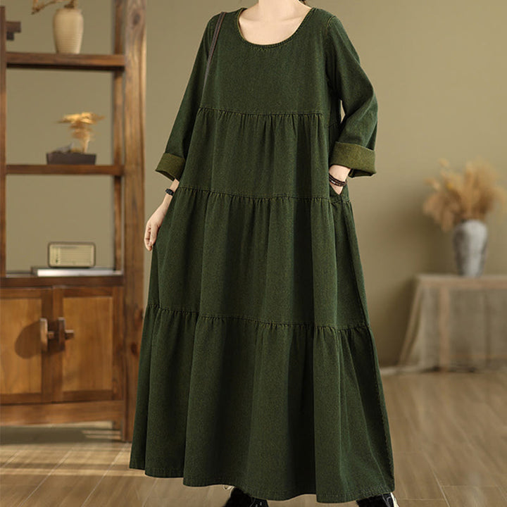 Buddha Stones DarkOliveGreen パッチワーク 長袖デザイン コットン レディース マキシドレス ポケット付き - image 3