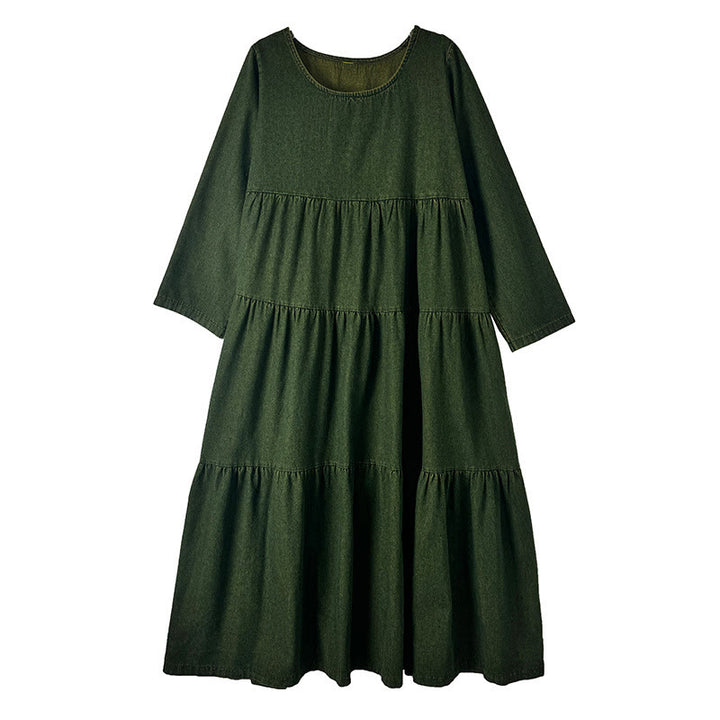 Buddha Stones DarkOliveGreen パッチワーク 長袖デザイン コットン レディース マキシドレス ポケット付き - image 13