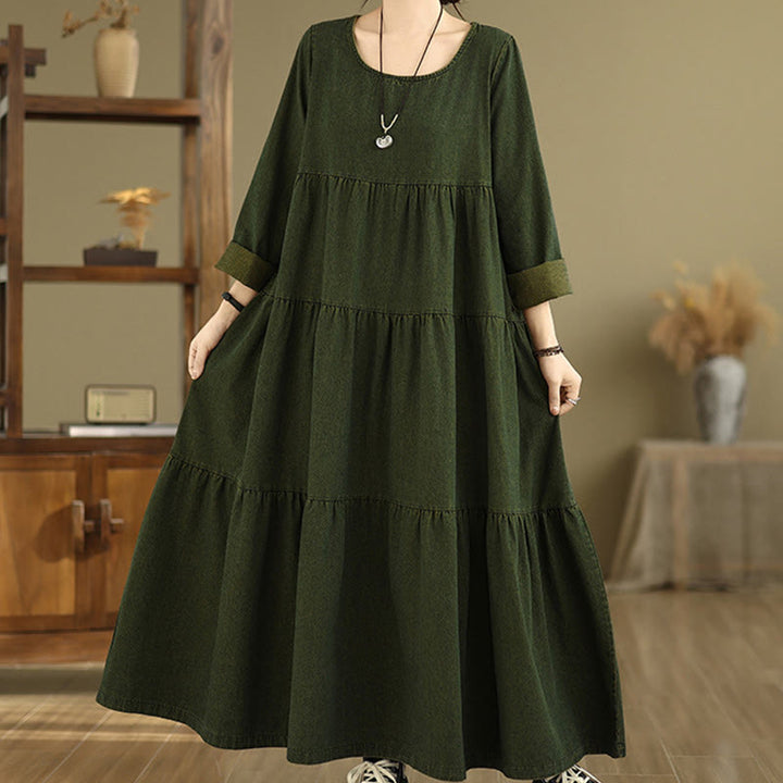 Buddha Stones DarkOliveGreen パッチワーク 長袖デザイン コットン レディース マキシドレス ポケット付き - image 3