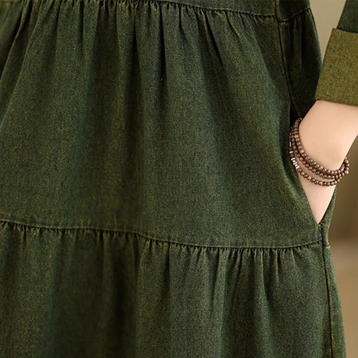 Buddha Stones DarkOliveGreen パッチワーク 長袖デザイン コットン レディース マキシドレス ポケット付き - image 12