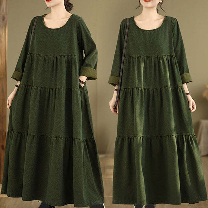 Buddha Stones DarkOliveGreen パッチワーク 長袖デザイン コットン レディース マキシドレス ポケット付き - ダークオリーブグリーン - US14、 UK/AU18、 EU46 (3XL) - image 1