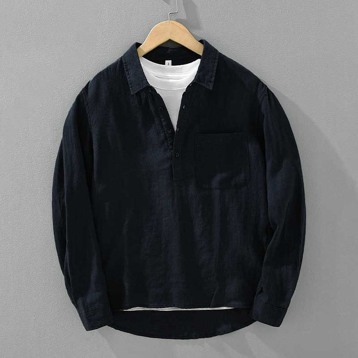 Buddha Stones無地 ゆったり 長袖 ハーフボタン シャツ リネン メンズ 服 - ダークブルー - US/UK/AU42、 EU52 (3XL) - image 9