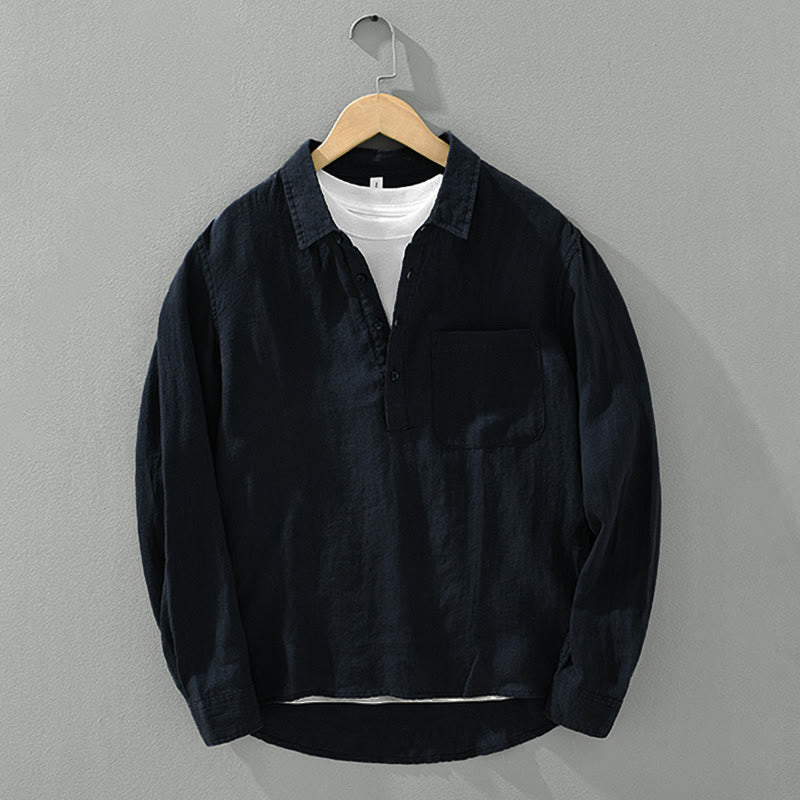 Buddha Stones無地 ゆったり 長袖 ハーフボタン シャツ リネン メンズ 服 - image 14