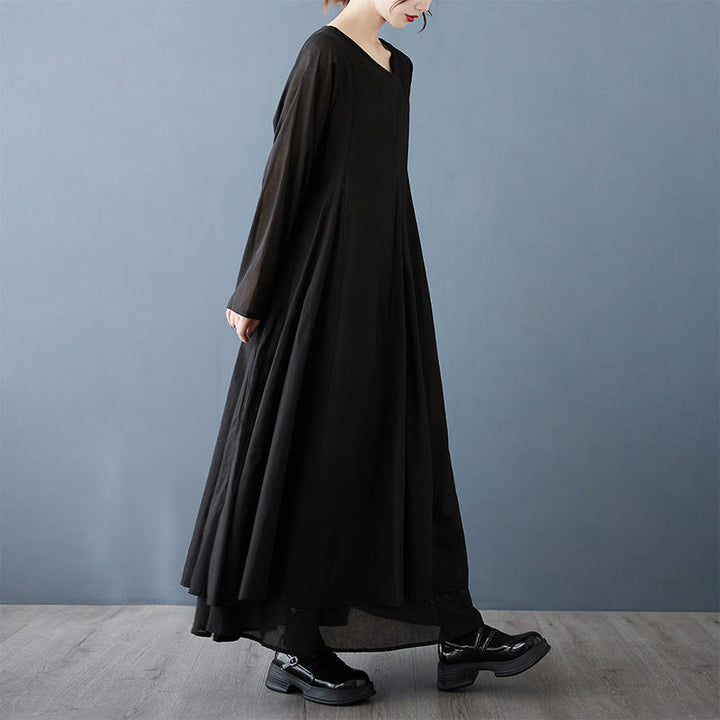 Buddha Stonesスプリング ダブルレイヤーデザイン コットン ロングスリーブ レディース ミディドレス - 黒 - US12、 UK/AU16、 EU44 (2XL) - image 4