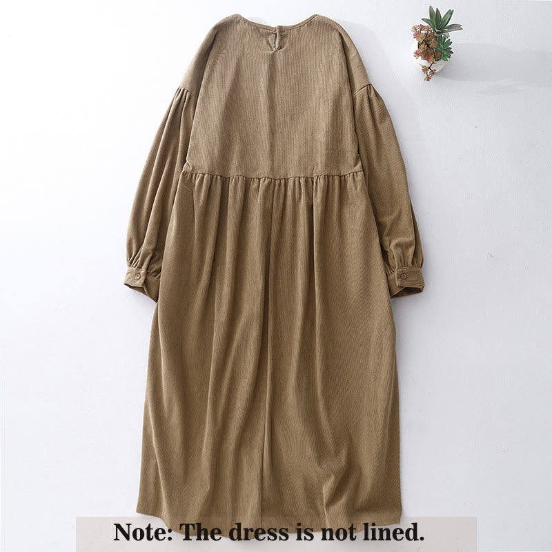 Buddha Stonesタンカラー コットンリネン コーデュロイ パフ ロングスリーブ ミディドレス - image 2