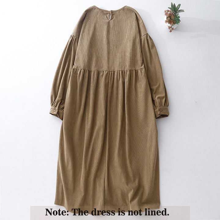 Buddha Stonesタンカラー コットンリネン コーデュロイ パフ ロングスリーブ ミディドレス - image 2