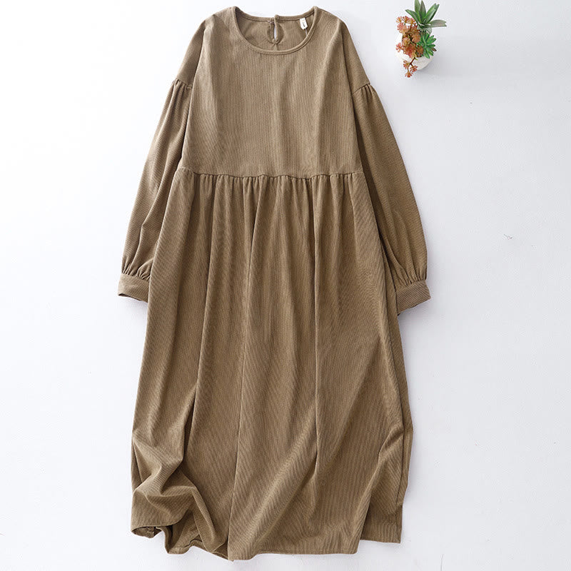 Buddha Stonesタンカラー コットンリネン コーデュロイ パフ ロングスリーブ ミディドレス - タン - US8-10，UK/AU12-14，EU40-42 (2XL) - image 1