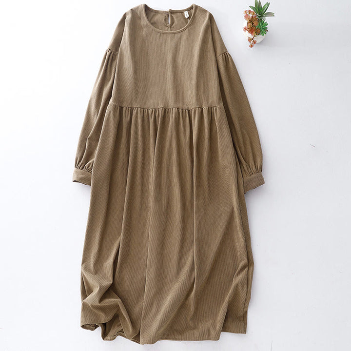 Buddha Stonesタンカラー コットンリネン コーデュロイ パフ ロングスリーブ ミディドレス - タン - US8-10，UK/AU12-14，EU40-42 (2XL) - image 1