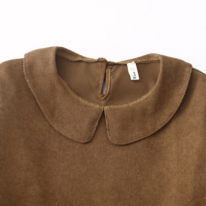 Buddha Stonesボタンデザインコーデュロイピーターパンカラーロングスリーブミディドレス（ポケット付き） - image 3