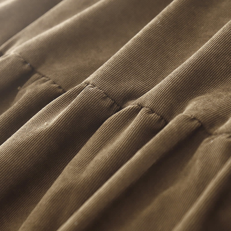 Buddha Stonesボタンデザインコーデュロイピーターパンカラーロングスリーブミディドレス（ポケット付き） - image 6