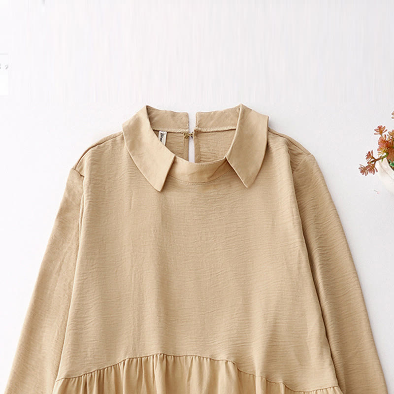 Buddha Stonesスプリングプレーンラペルロングスリーブコットンリネンミディドレス（ポケット付き） - image 11
