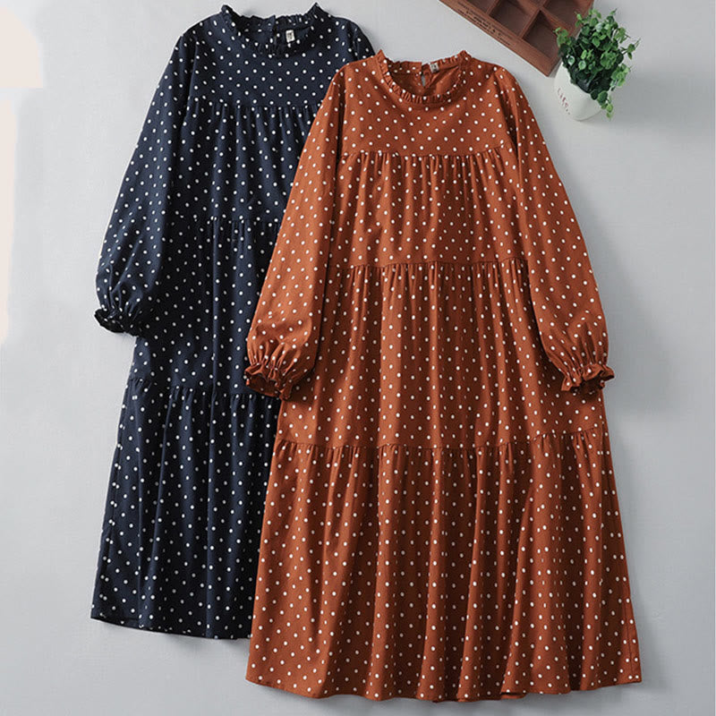 Buddha Stones春のドット柄フリルクルーネック長袖コットンリネンミディドレス ポケット付き - image 17