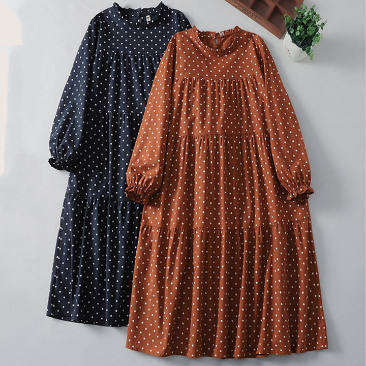 Buddha Stones春のドット柄フリルクルーネック長袖コットンリネンミディドレス ポケット付き - image 17