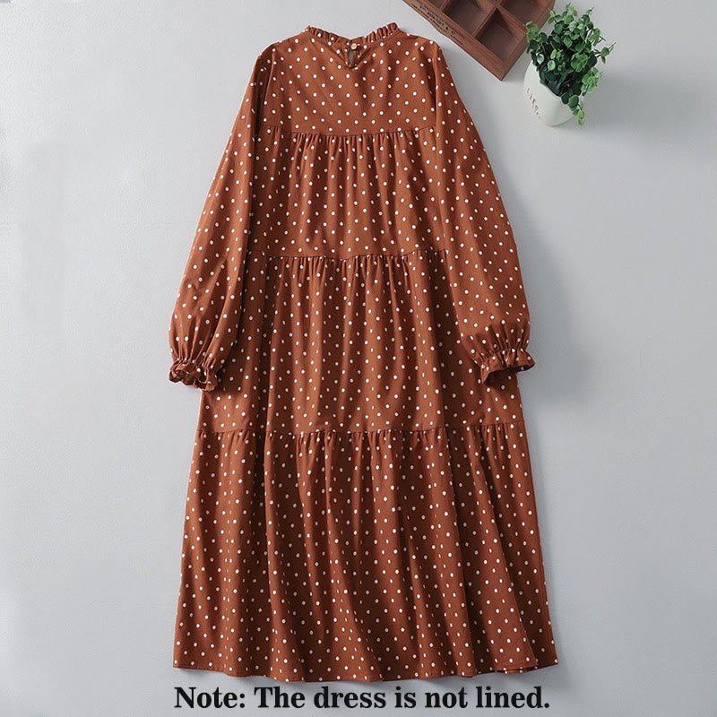 Buddha Stones春のドット柄フリルクルーネック長袖コットンリネンミディドレス ポケット付き - image 2