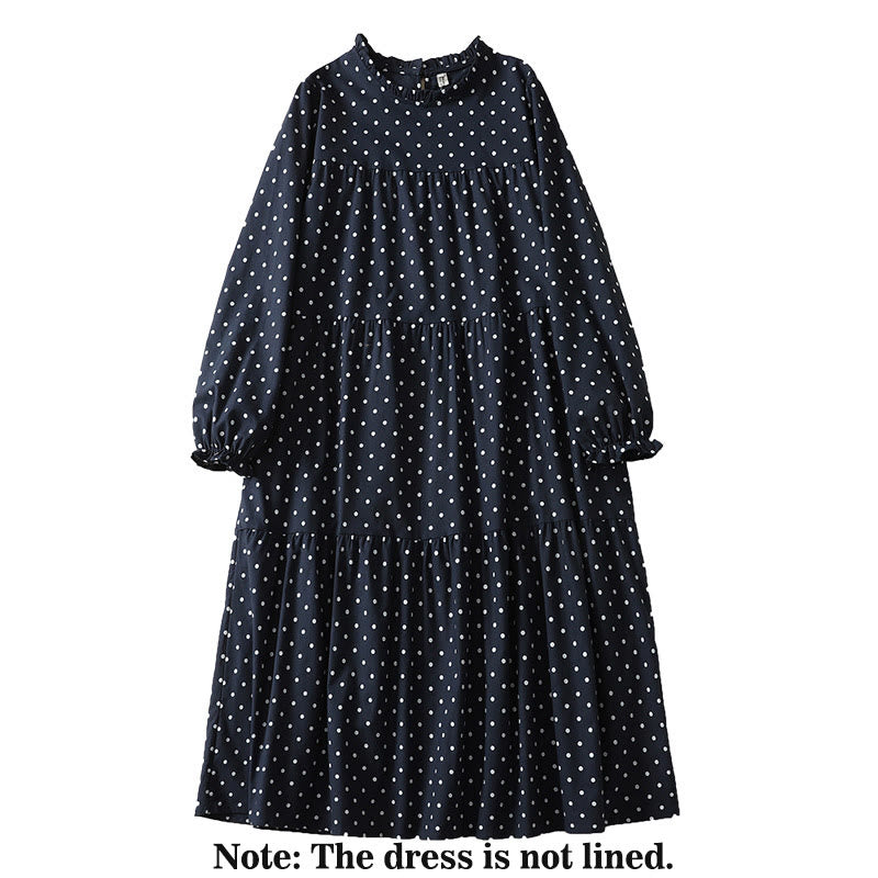 Buddha Stones春のドット柄フリルクルーネック長袖コットンリネンミディドレス ポケット付き - image 12