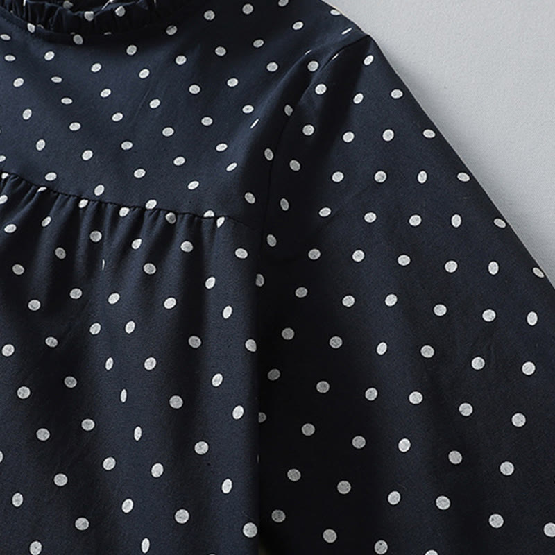 Buddha Stones春のドット柄フリルクルーネック長袖コットンリネンミディドレス ポケット付き - image 13