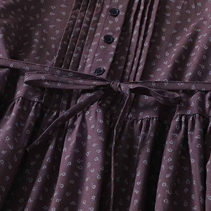 Buddha Stonesプリント花柄アコーディオンプリーツコットンリネン長袖ミディドレス（ポケット付き） - image 10