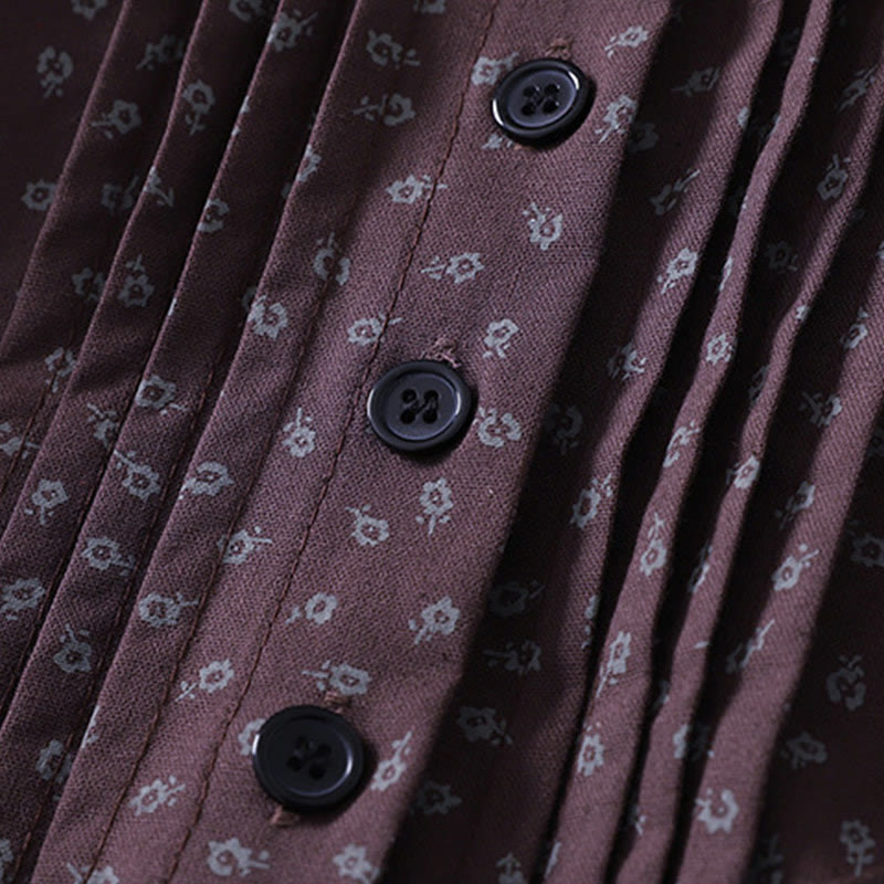 Buddha Stonesプリント花柄アコーディオンプリーツコットンリネン長袖ミディドレス（ポケット付き） - image 11