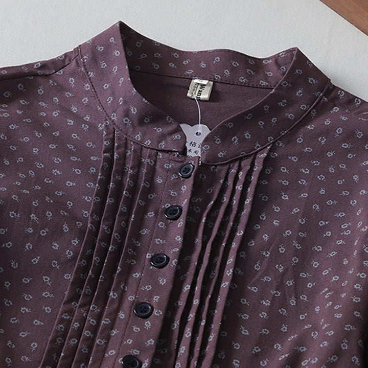 Buddha Stonesプリント花柄アコーディオンプリーツコットンリネン長袖ミディドレス（ポケット付き） - image 8