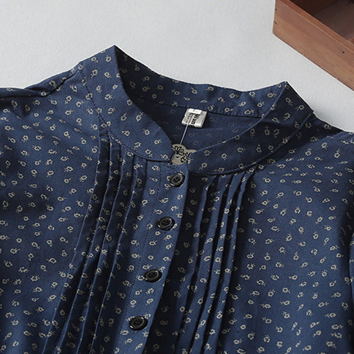 Buddha Stonesプリント花柄アコーディオンプリーツコットンリネン長袖ミディドレス（ポケット付き） - image 2