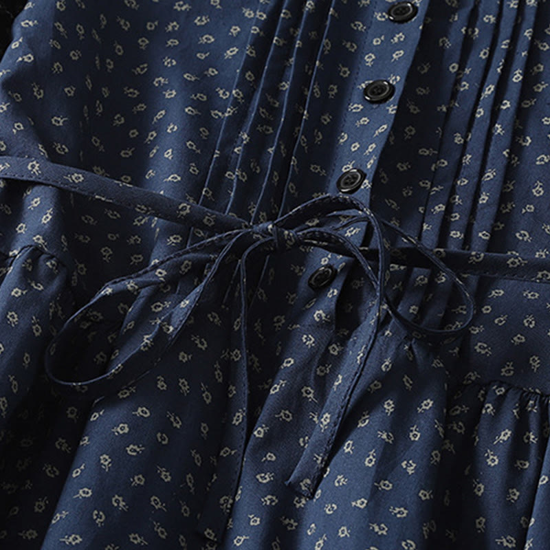 Buddha Stonesプリント花柄アコーディオンプリーツコットンリネン長袖ミディドレス（ポケット付き） - image 3