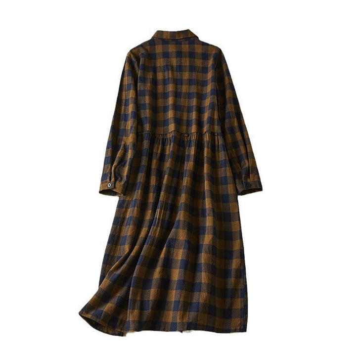 Buddha Stonesのコントラストカラーのチェック柄ボタンデザインコットンリネンの長袖ミディドレス（ポケット付き） - image 11